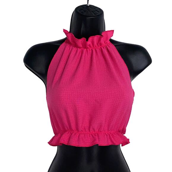 New Small Pretty in Pink core Ruffle Trim Halter Backless Crop Top Linen - Picture 2 of 3